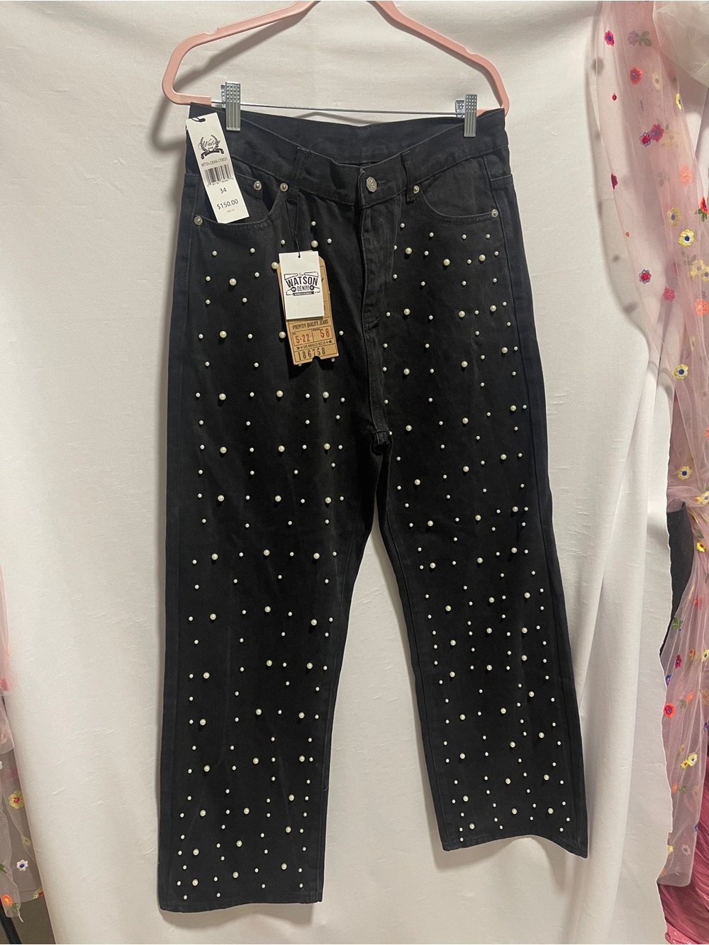 Pearl-Studded Black Mens Jeans